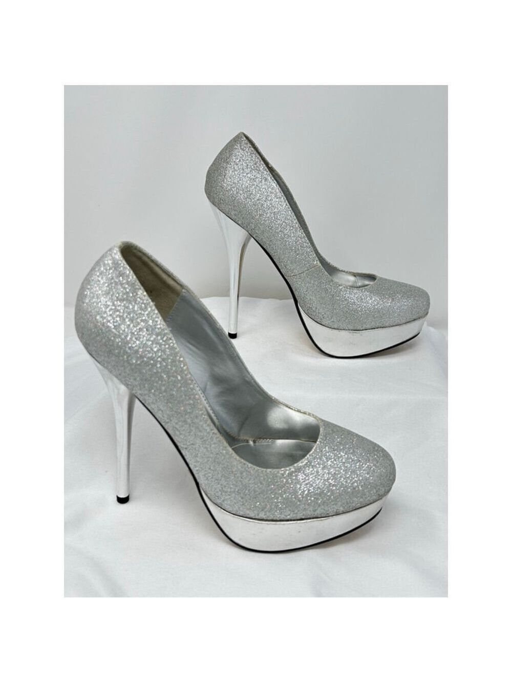 Lasonia Silver Glitter Platform Heels Sz 10 5.5” Metallic Party Shoes